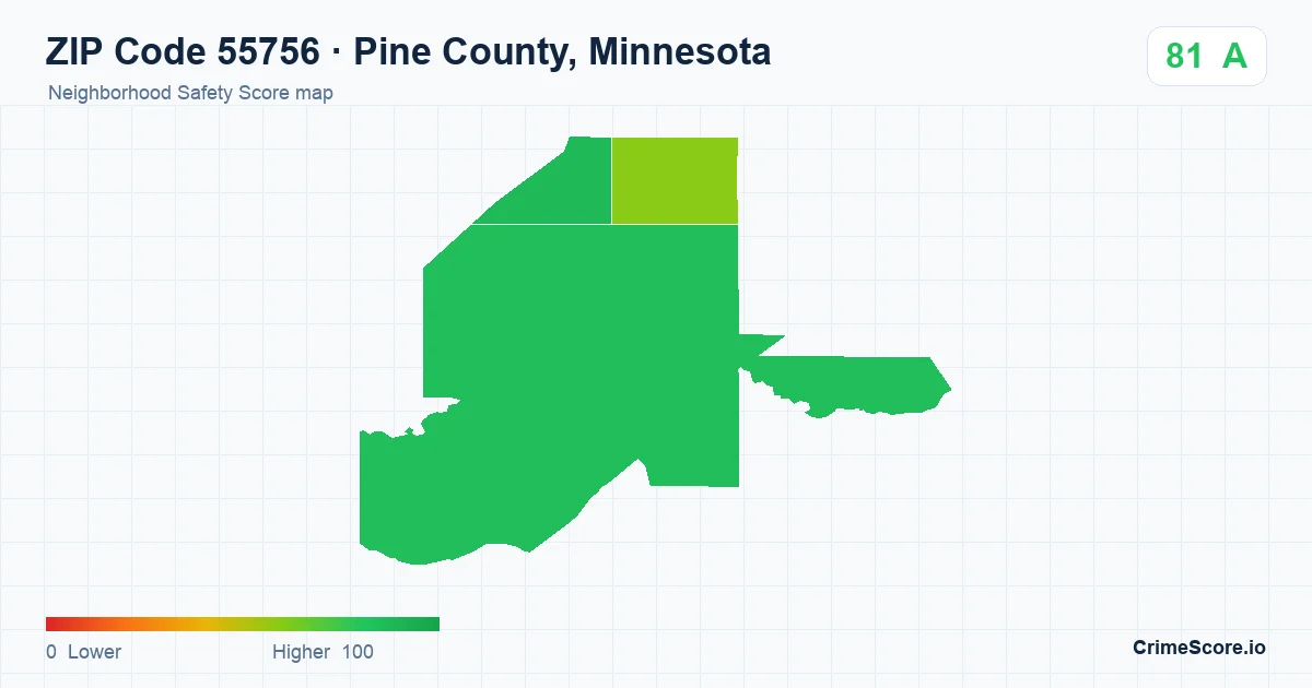 ZIP Code 55756 in Pine County, Minnesota neighborhood Safety Score map