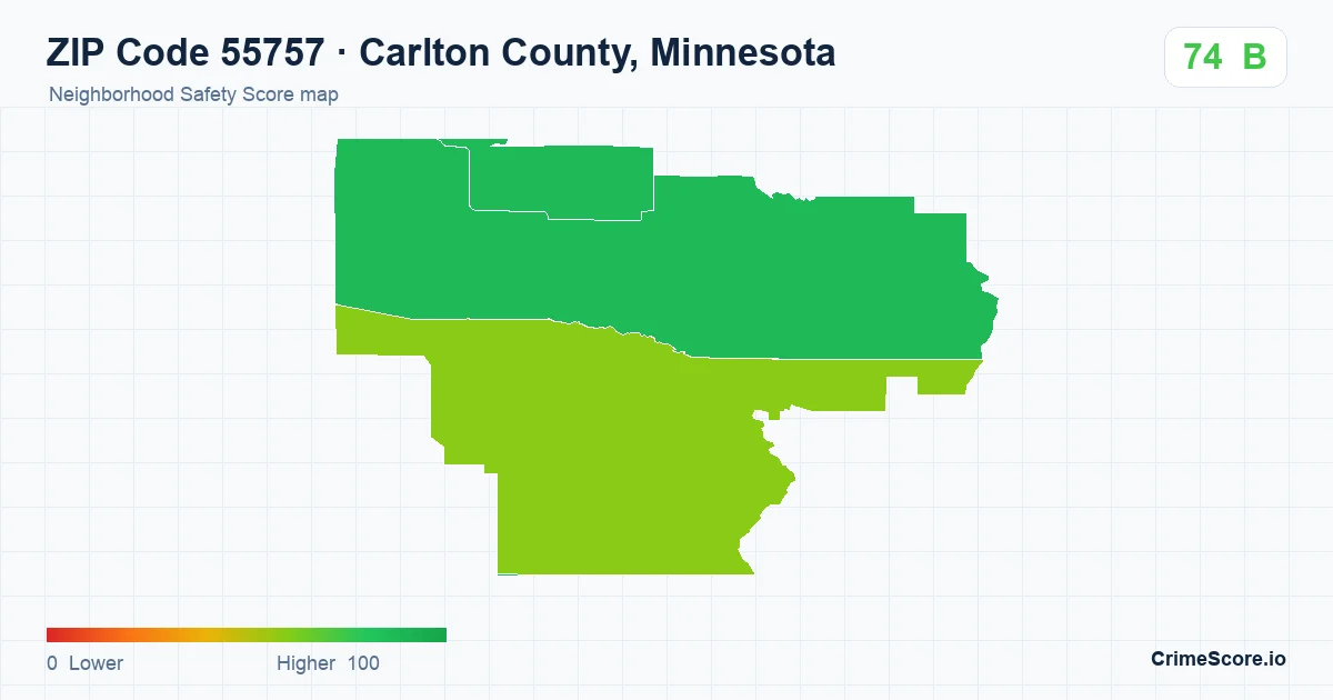 ZIP Code 55757 in Carlton County, Minnesota neighborhood Safety Score map