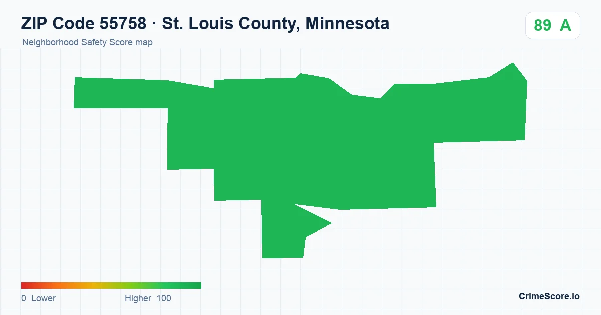 ZIP Code 55758 in St. Louis County, Minnesota neighborhood Safety Score map