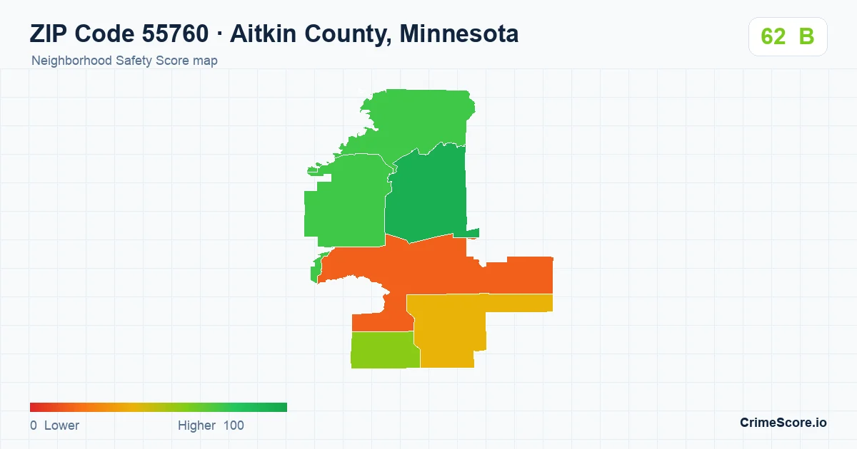 ZIP Code 55760 in Aitkin County, Minnesota neighborhood Safety Score map