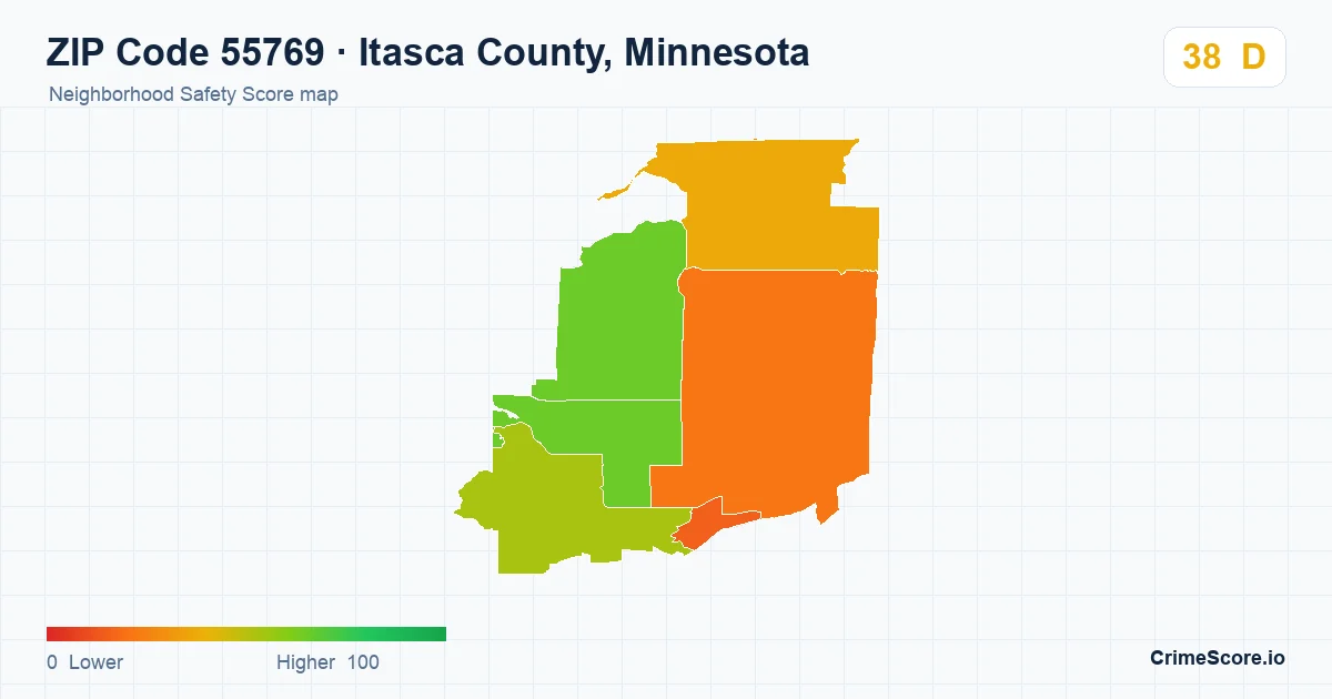 ZIP Code 55769 in Itasca County, Minnesota neighborhood Safety Score map
