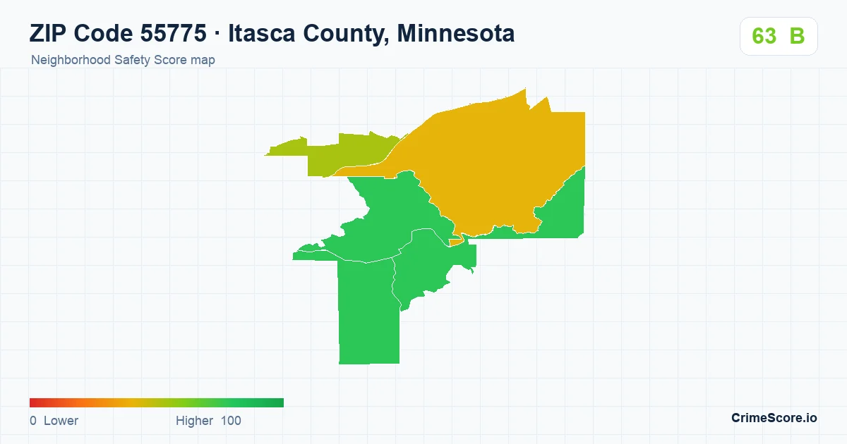 ZIP Code 55775 in Itasca County, Minnesota neighborhood Safety Score map