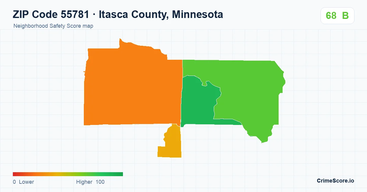 ZIP Code 55781 in Itasca County, Minnesota neighborhood Safety Score map