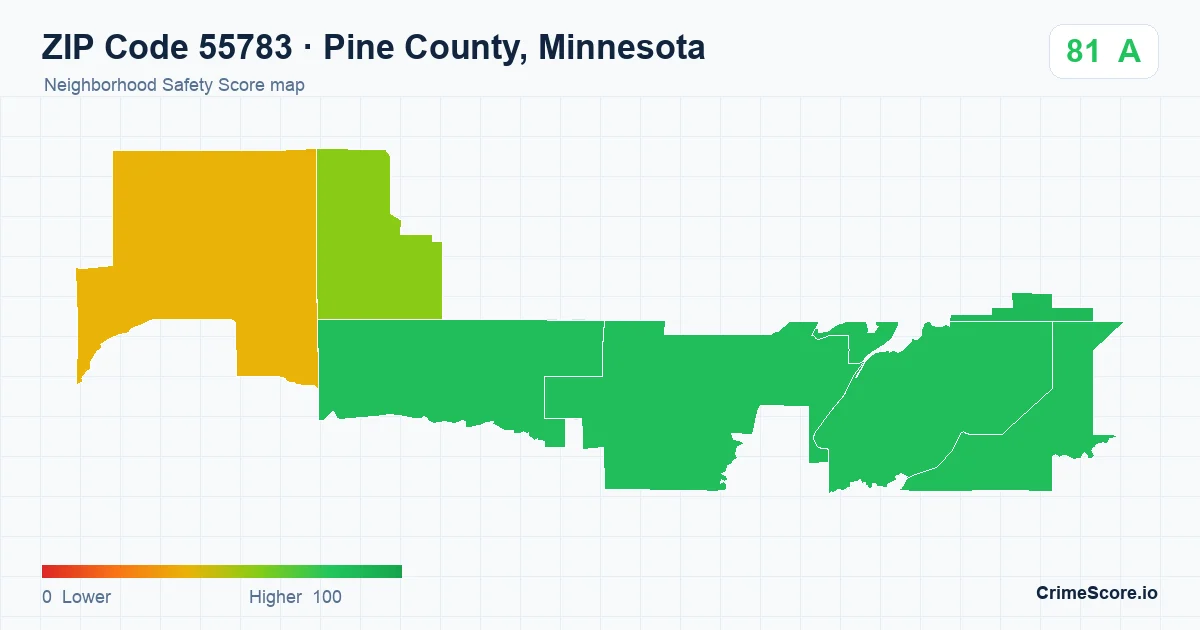 ZIP Code 55783 in Pine County, Minnesota neighborhood Safety Score map