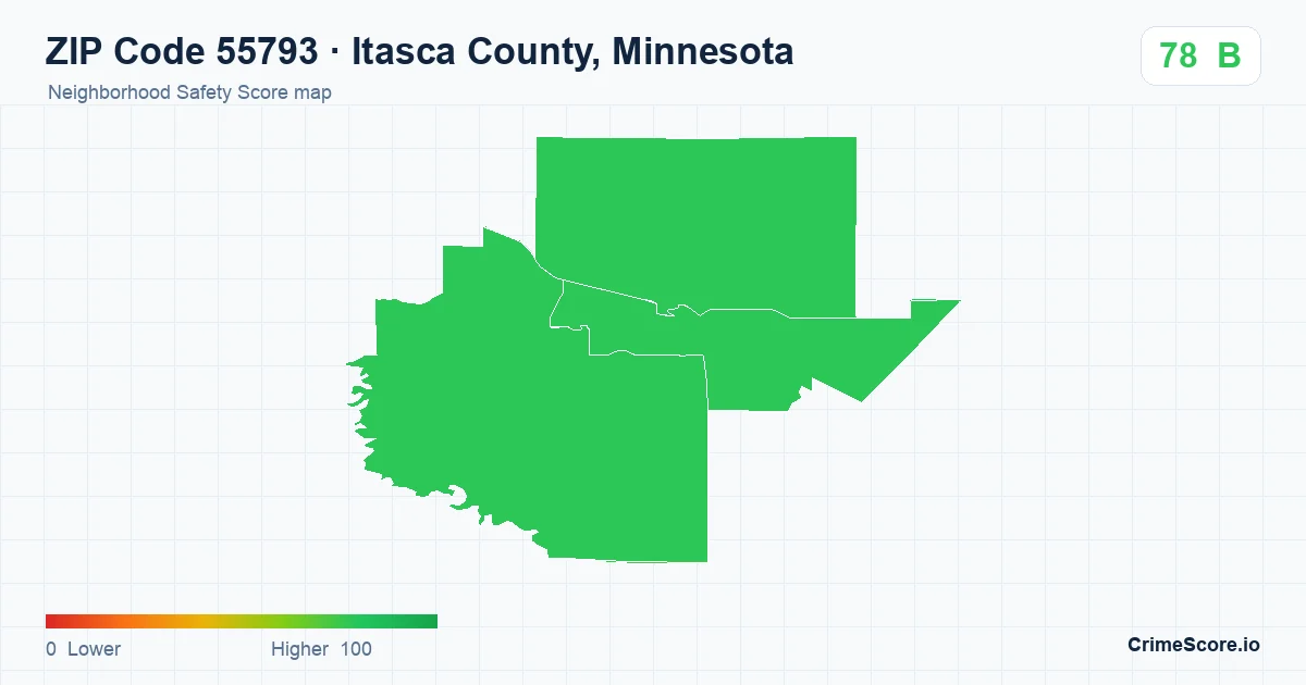 ZIP Code 55793 in Itasca County, Minnesota neighborhood Safety Score map