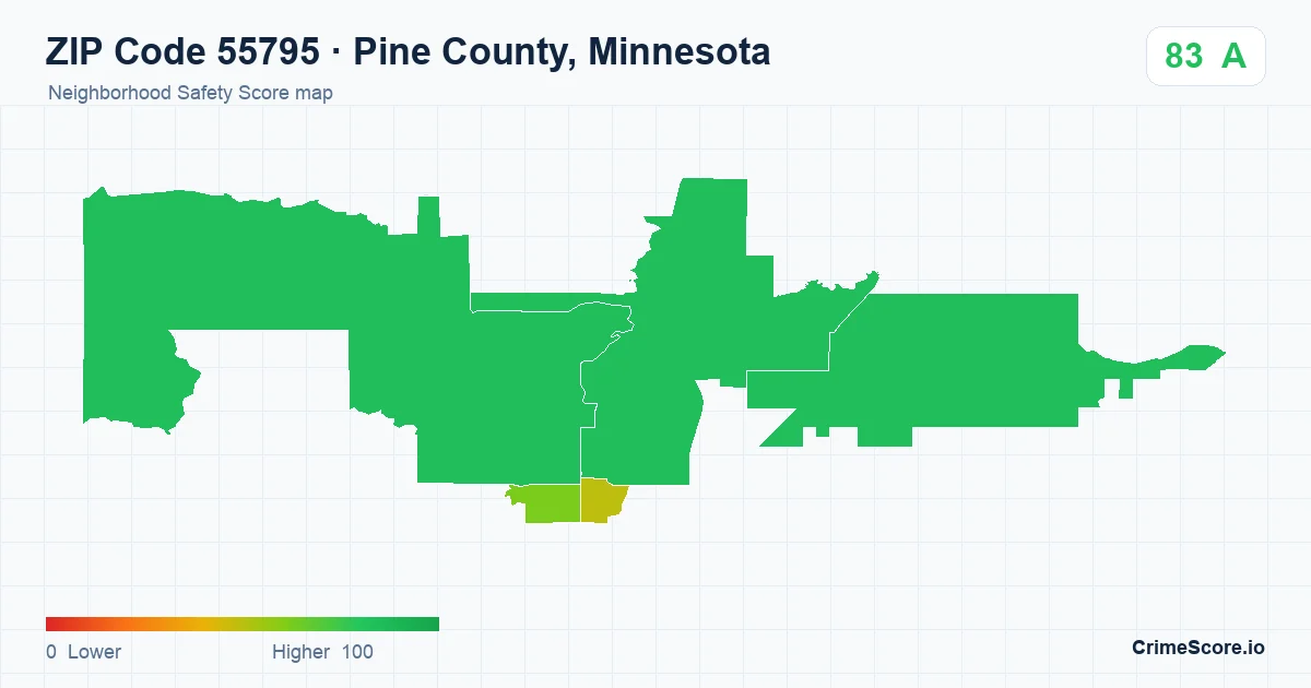 ZIP Code 55795 in Pine County, Minnesota neighborhood Safety Score map