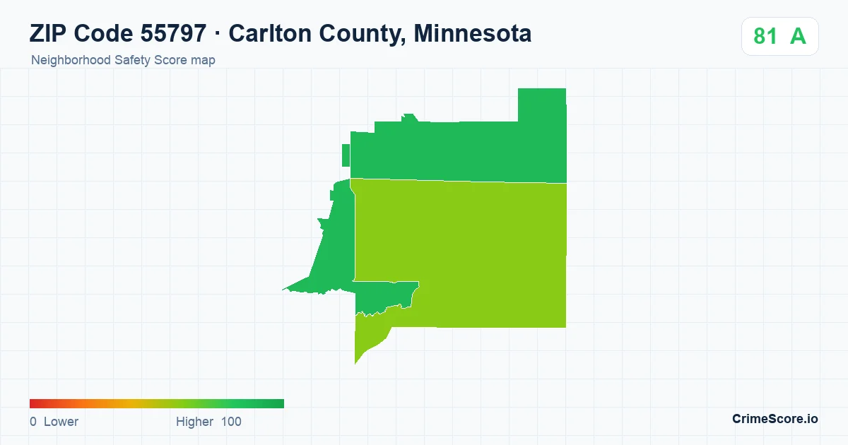 ZIP Code 55797 in Carlton County, Minnesota neighborhood Safety Score map