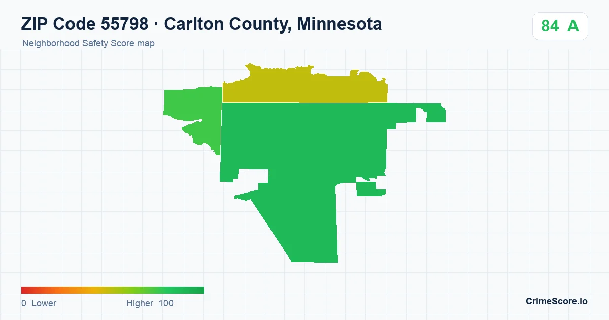 ZIP Code 55798 in Carlton County, Minnesota neighborhood Safety Score map