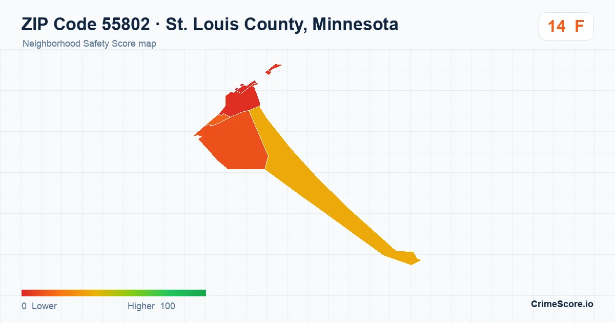 ZIP Code 55802 in St. Louis County, Minnesota neighborhood Safety Score map