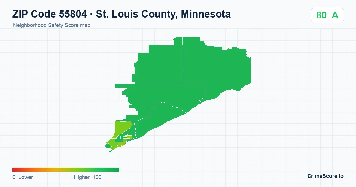 ZIP Code 55804 in St. Louis County, Minnesota neighborhood Safety Score map