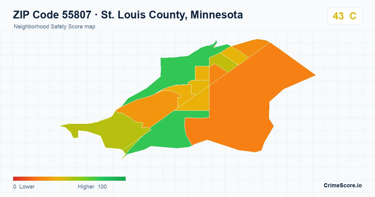 ZIP Code 55807 in St. Louis County, Minnesota neighborhood Safety Score map