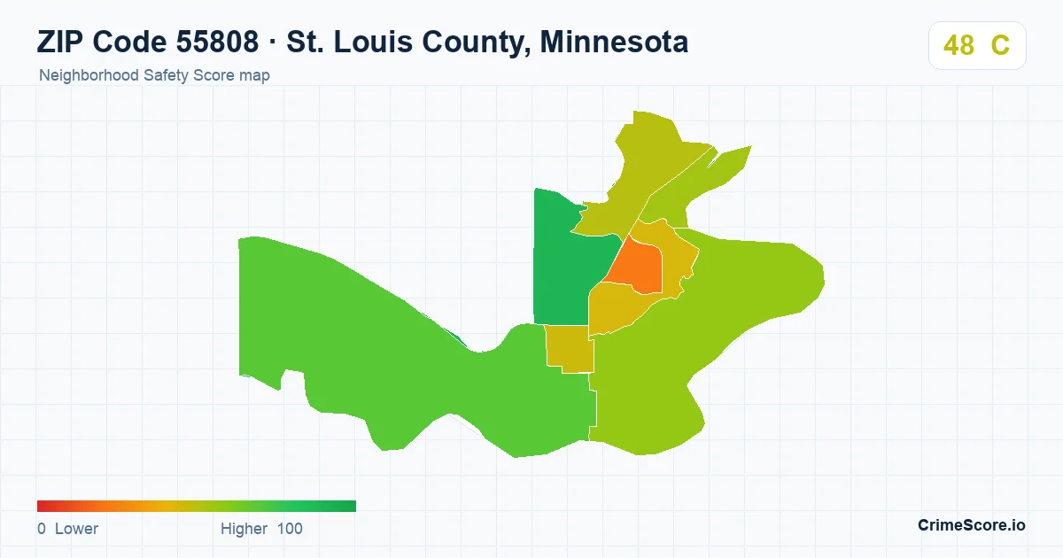 ZIP Code 55808 in St. Louis County, Minnesota neighborhood Safety Score map