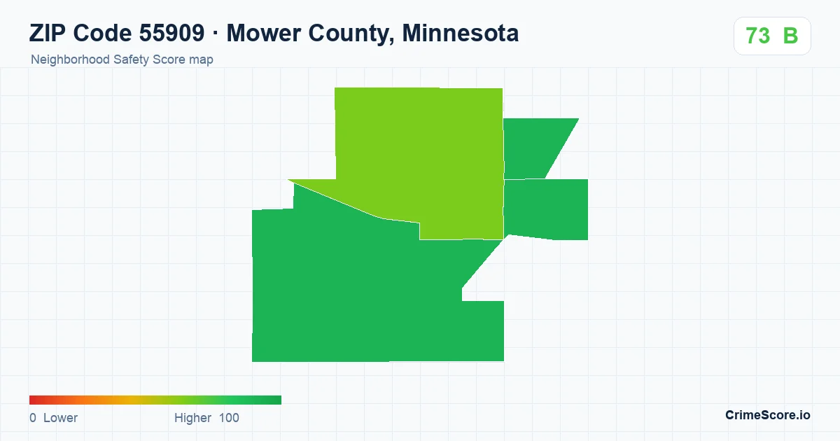 ZIP Code 55909 in Mower County, Minnesota neighborhood Safety Score map