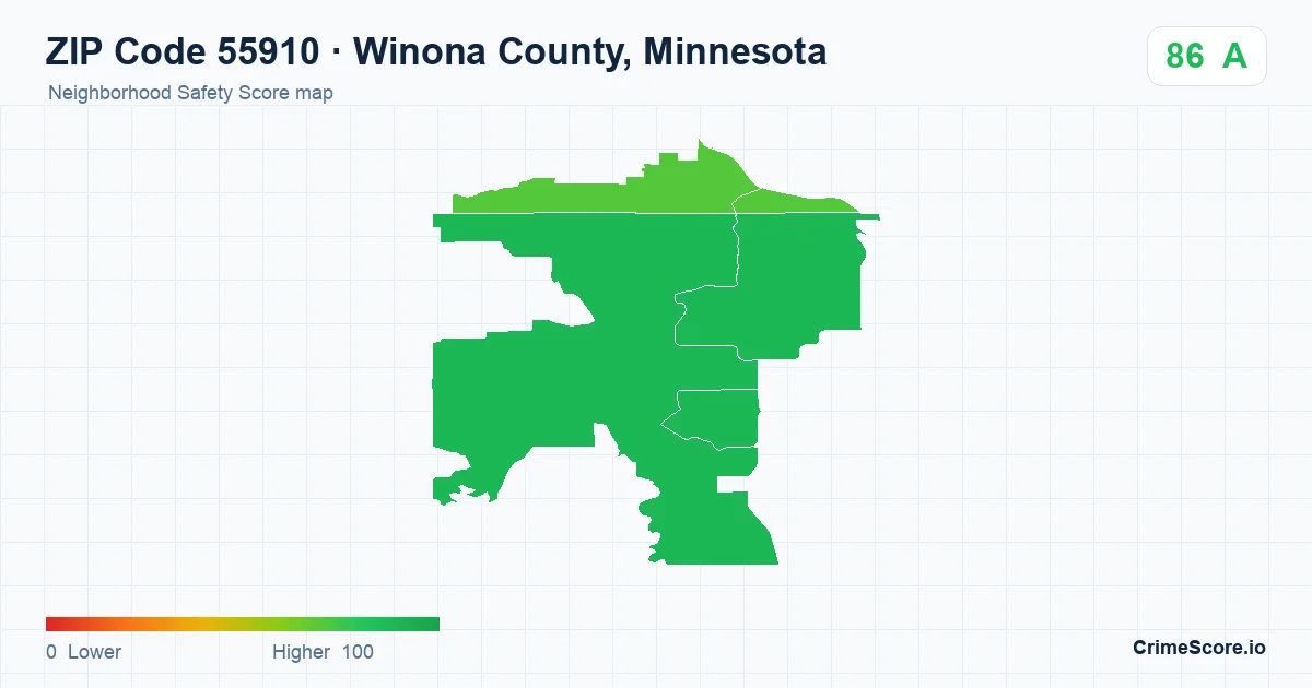 ZIP Code 55910 in Winona County, Minnesota neighborhood Safety Score map