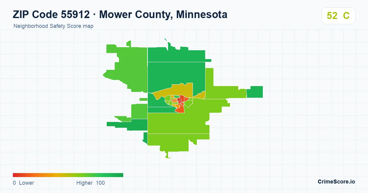 ZIP Code 55912 in Mower County, Minnesota neighborhood Safety Score map