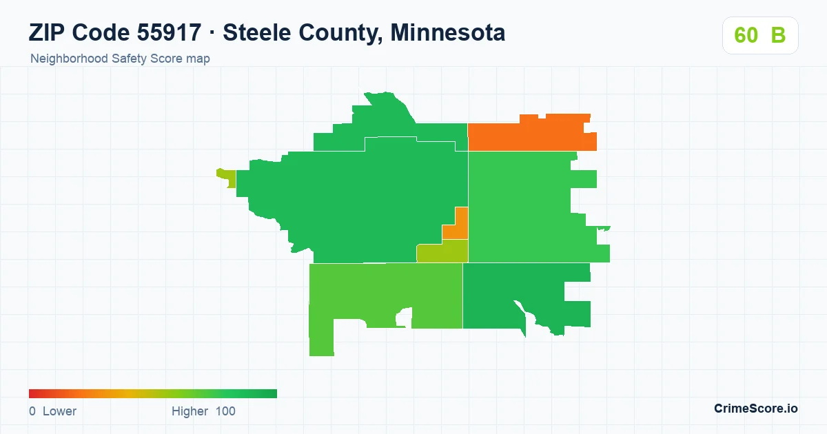 ZIP Code 55917 in Steele County, Minnesota neighborhood Safety Score map