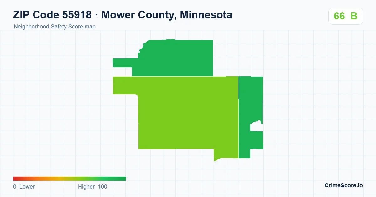 ZIP Code 55918 in Mower County, Minnesota neighborhood Safety Score map
