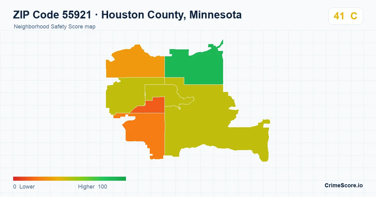 ZIP Code 55921 in Houston County, Minnesota neighborhood Safety Score map
