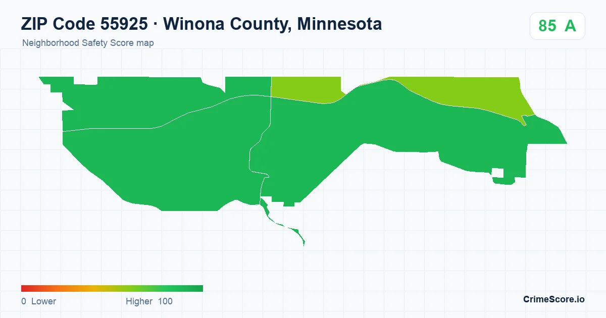 ZIP Code 55925 in Winona County, Minnesota neighborhood Safety Score map