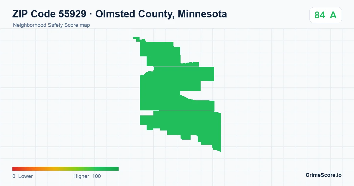 ZIP Code 55929 in Olmsted County, Minnesota neighborhood Safety Score map