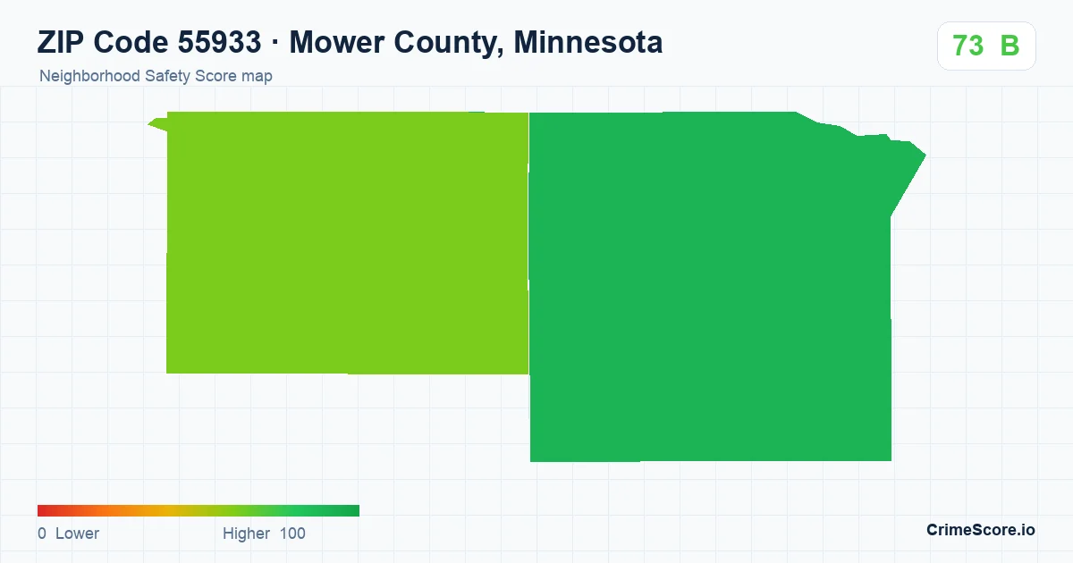 ZIP Code 55933 in Mower County, Minnesota neighborhood Safety Score map