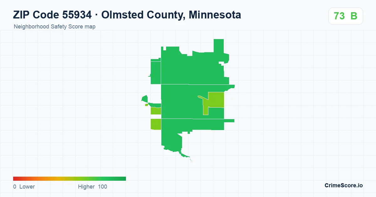 ZIP Code 55934 in Olmsted County, Minnesota neighborhood Safety Score map