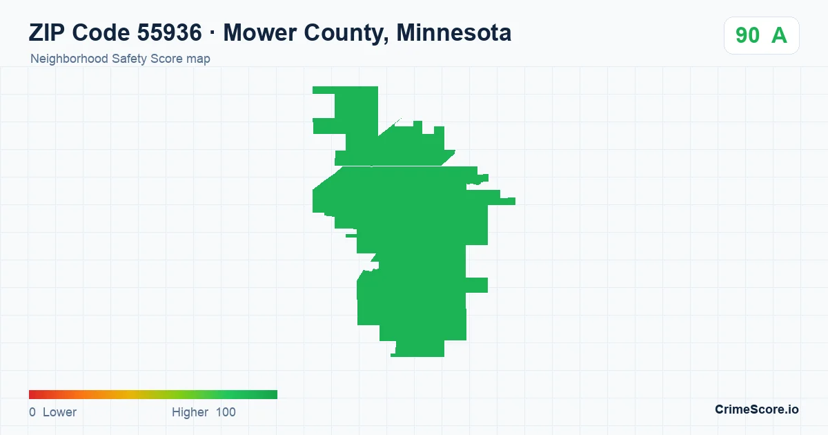 ZIP Code 55936 in Mower County, Minnesota neighborhood Safety Score map