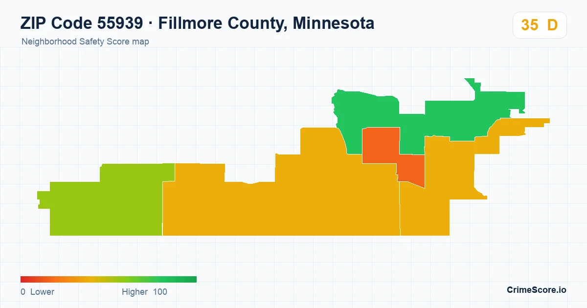 ZIP Code 55939 in Fillmore County, Minnesota neighborhood Safety Score map
