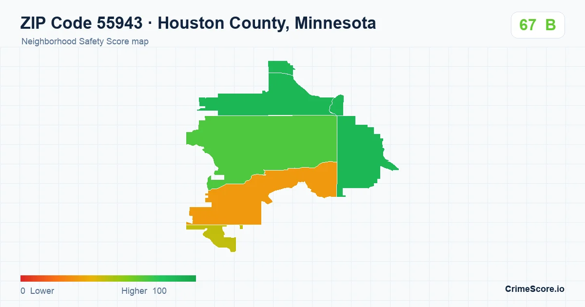 ZIP Code 55943 in Houston County, Minnesota neighborhood Safety Score map
