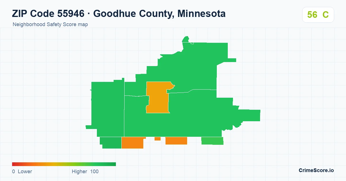 ZIP Code 55946 in Goodhue County, Minnesota neighborhood Safety Score map