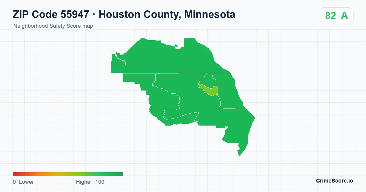 ZIP Code 55947 in Houston County, Minnesota neighborhood Safety Score map