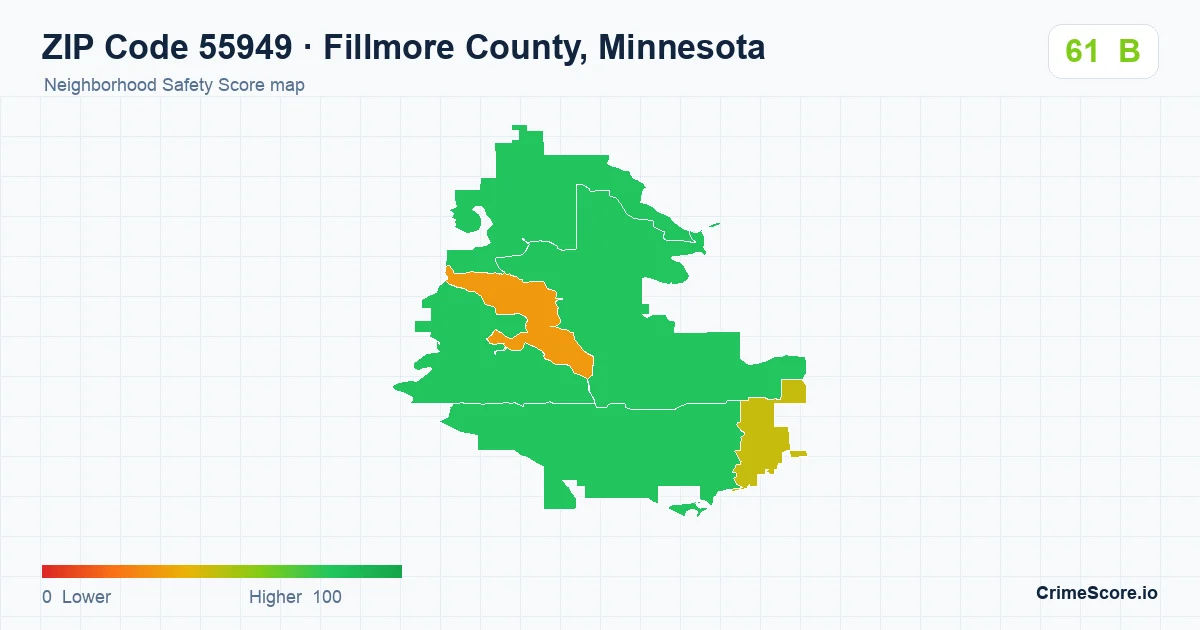 ZIP Code 55949 in Fillmore County, Minnesota neighborhood Safety Score map