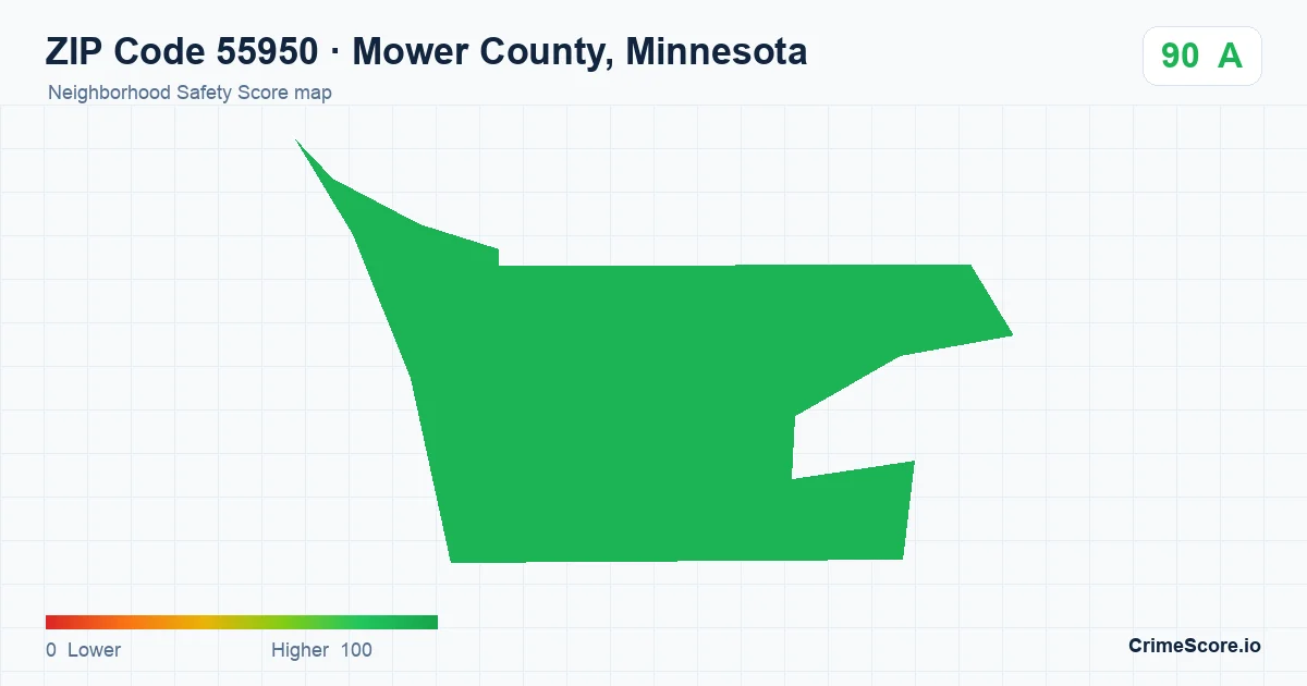 ZIP Code 55950 in Mower County, Minnesota neighborhood Safety Score map