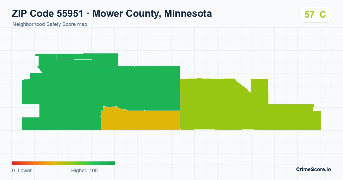 ZIP Code 55951 in Mower County, Minnesota neighborhood Safety Score map
