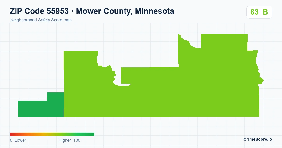 ZIP Code 55953 in Mower County, Minnesota neighborhood Safety Score map