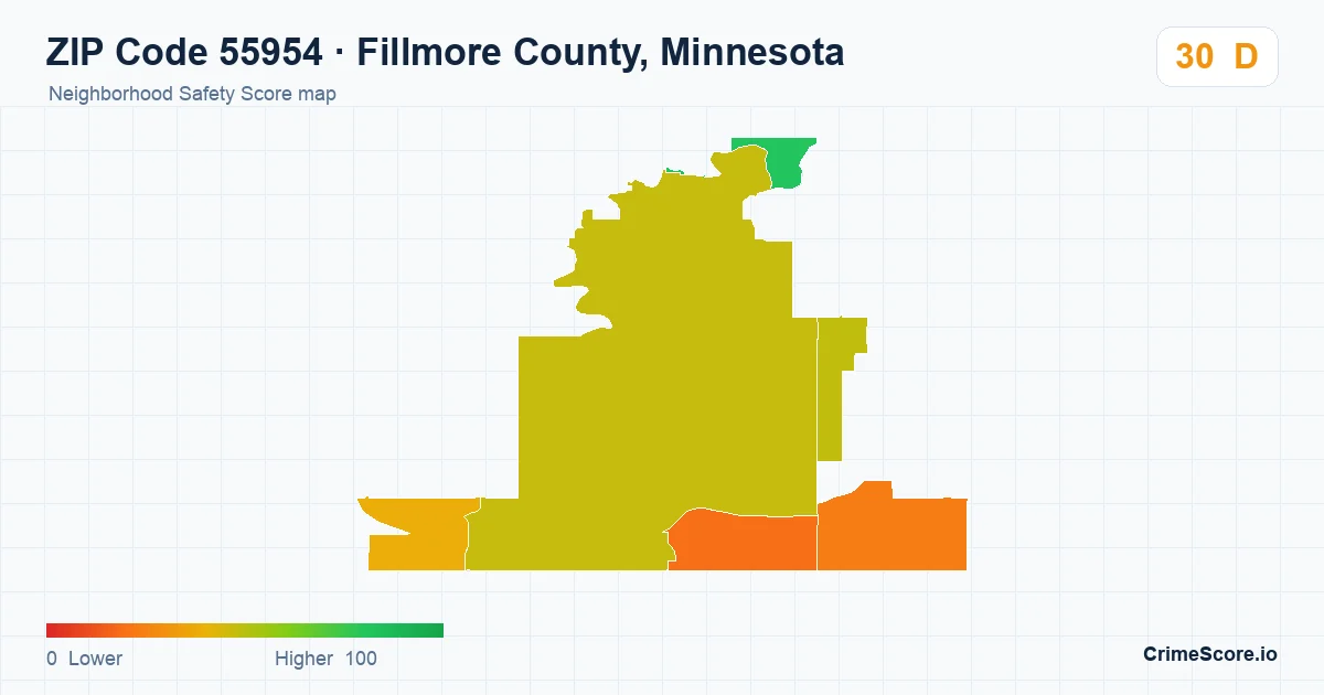 ZIP Code 55954 in Fillmore County, Minnesota neighborhood Safety Score map