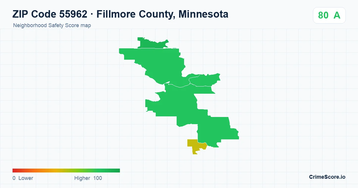 ZIP Code 55962 in Fillmore County, Minnesota neighborhood Safety Score map