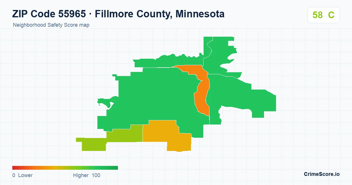 ZIP Code 55965 in Fillmore County, Minnesota neighborhood Safety Score map