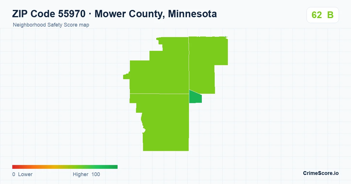 ZIP Code 55970 in Mower County, Minnesota neighborhood Safety Score map