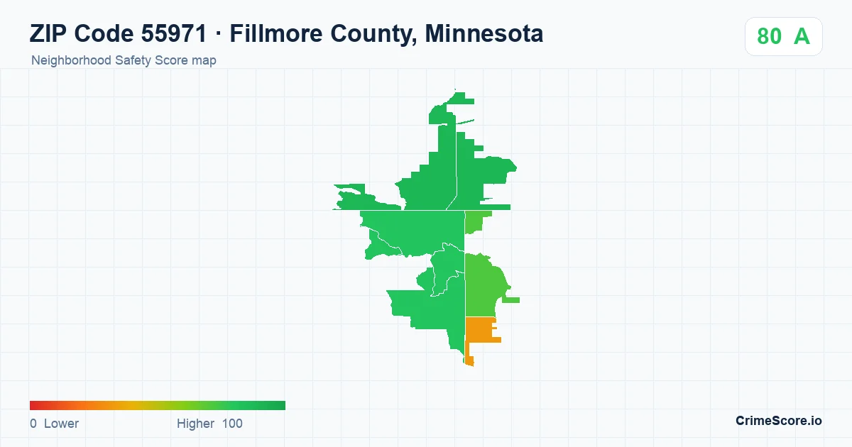 ZIP Code 55971 in Fillmore County, Minnesota neighborhood Safety Score map