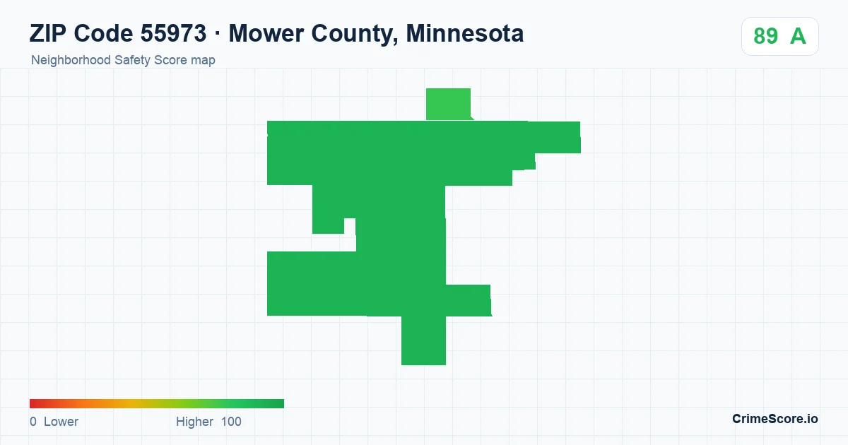 ZIP Code 55973 in Mower County, Minnesota neighborhood Safety Score map