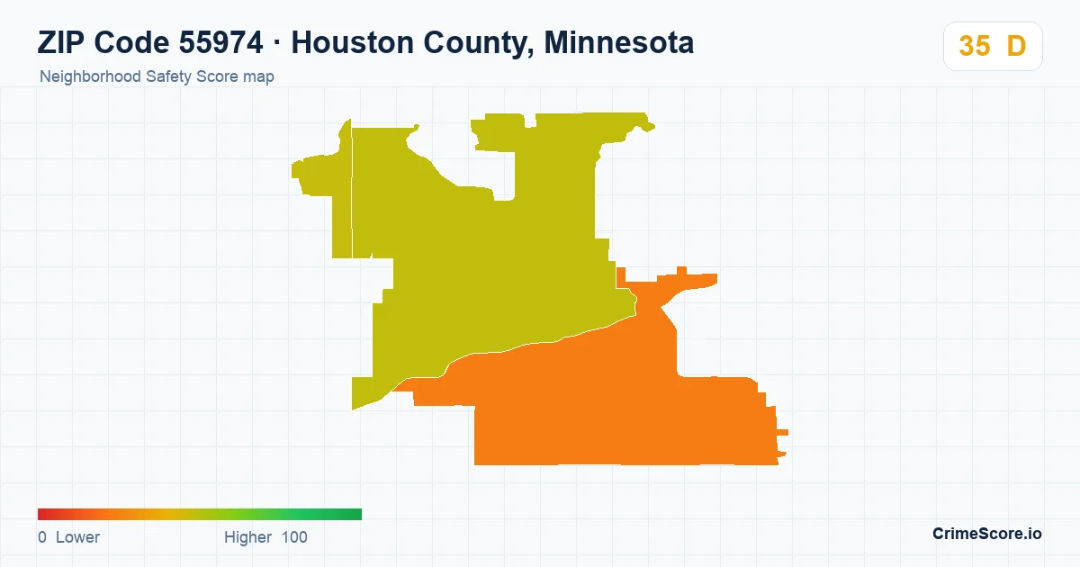 ZIP Code 55974 in Houston County, Minnesota neighborhood Safety Score map
