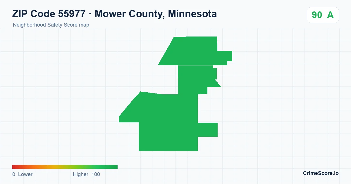 ZIP Code 55977 in Mower County, Minnesota neighborhood Safety Score map