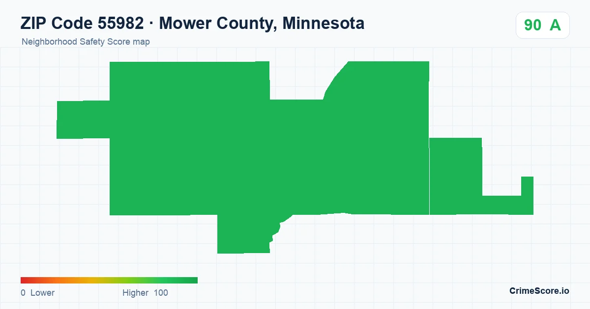ZIP Code 55982 in Mower County, Minnesota neighborhood Safety Score map