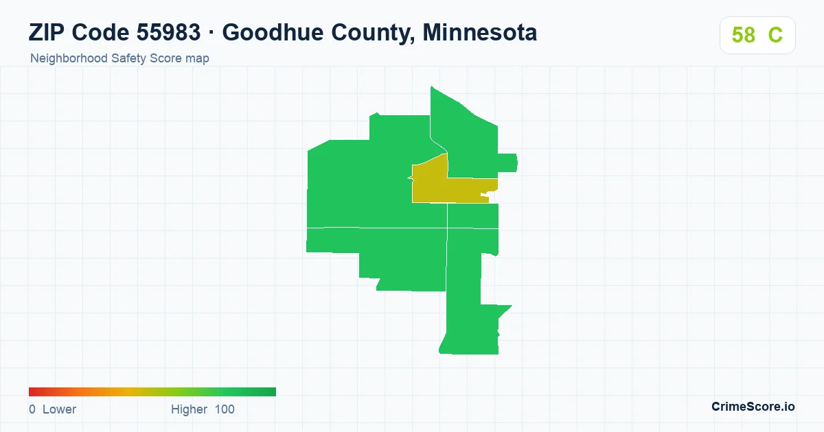 ZIP Code 55983 in Goodhue County, Minnesota neighborhood Safety Score map