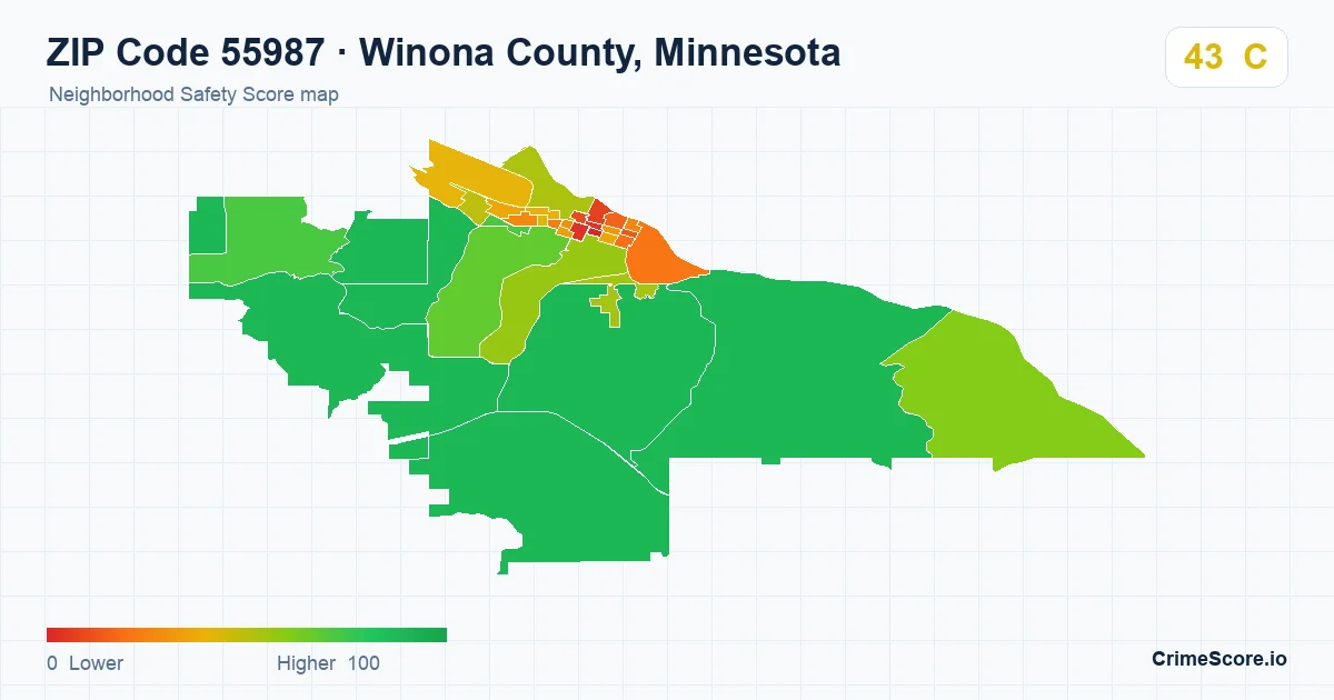 ZIP Code 55987 in Winona County, Minnesota neighborhood Safety Score map