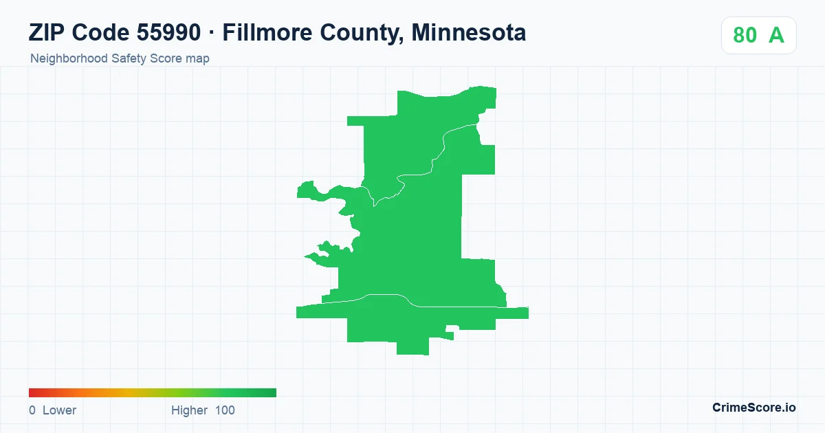 ZIP Code 55990 in Fillmore County, Minnesota neighborhood Safety Score map