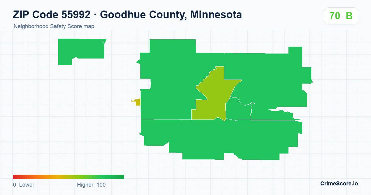 ZIP Code 55992 in Goodhue County, Minnesota neighborhood Safety Score map