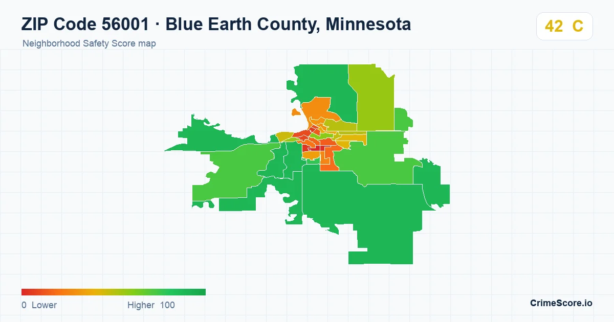 ZIP Code 56001 in Blue Earth County, Minnesota neighborhood Safety Score map