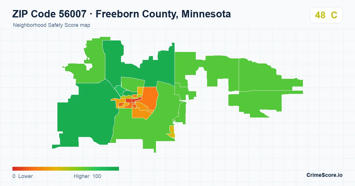 ZIP Code 56007 in Freeborn County, Minnesota neighborhood Safety Score map